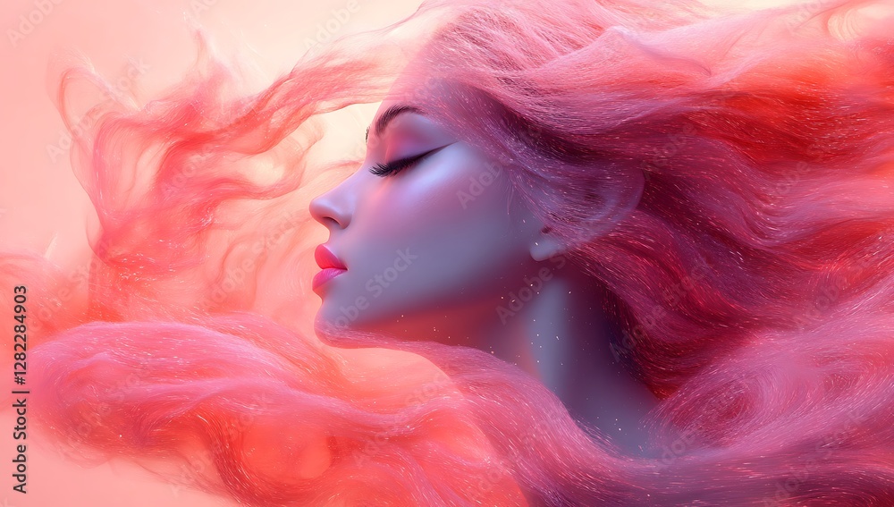 Fototapeta premium Flowing Cascade of Soft Pink Hair Against a Dreamy Pastel Background