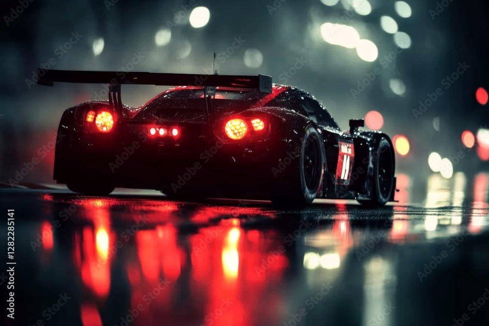 Powerful racing car illuminated by city lights during a rainy night in a high-speed event