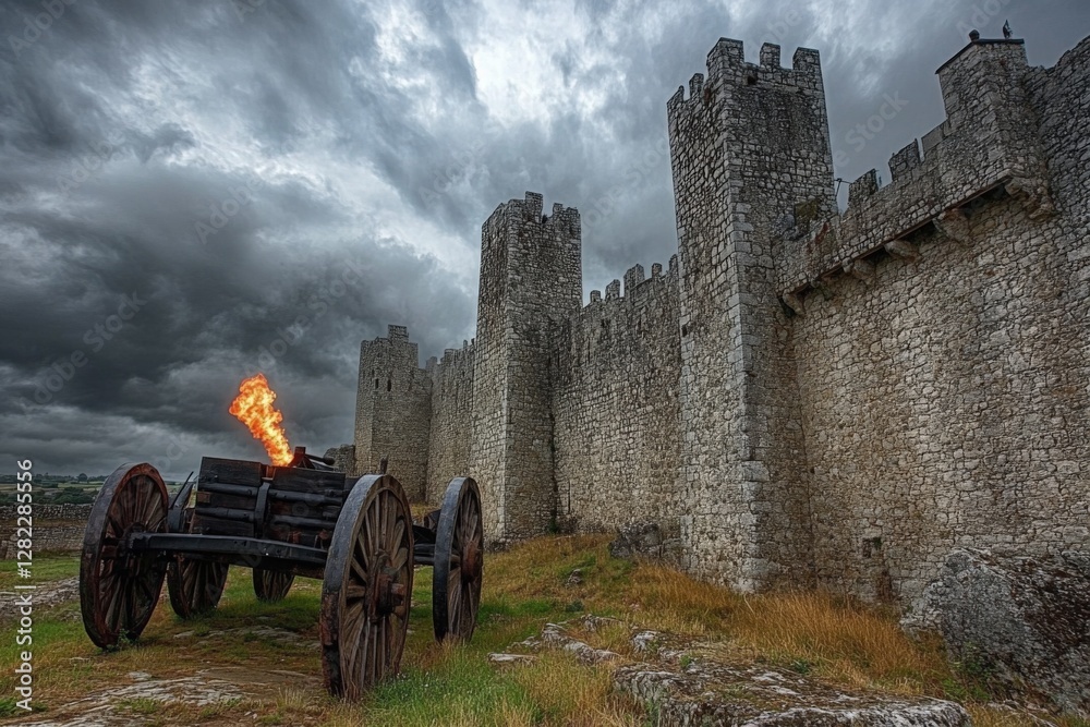 Historic cannon fires near ancient stone castle under dramatic cloudy sky