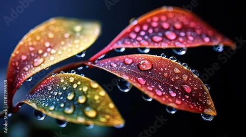 Raindrops on colorful leaves nature scene macro photography dark background close-up beauty of nature