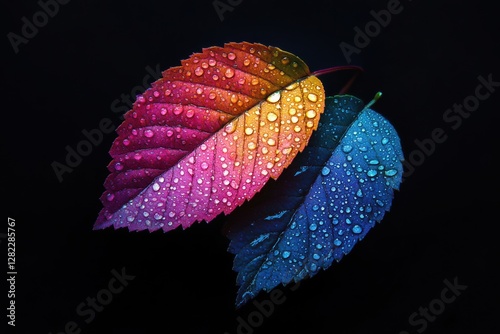 Vibrant raindrop-laden leaves nature photography dark background macro view color contrast