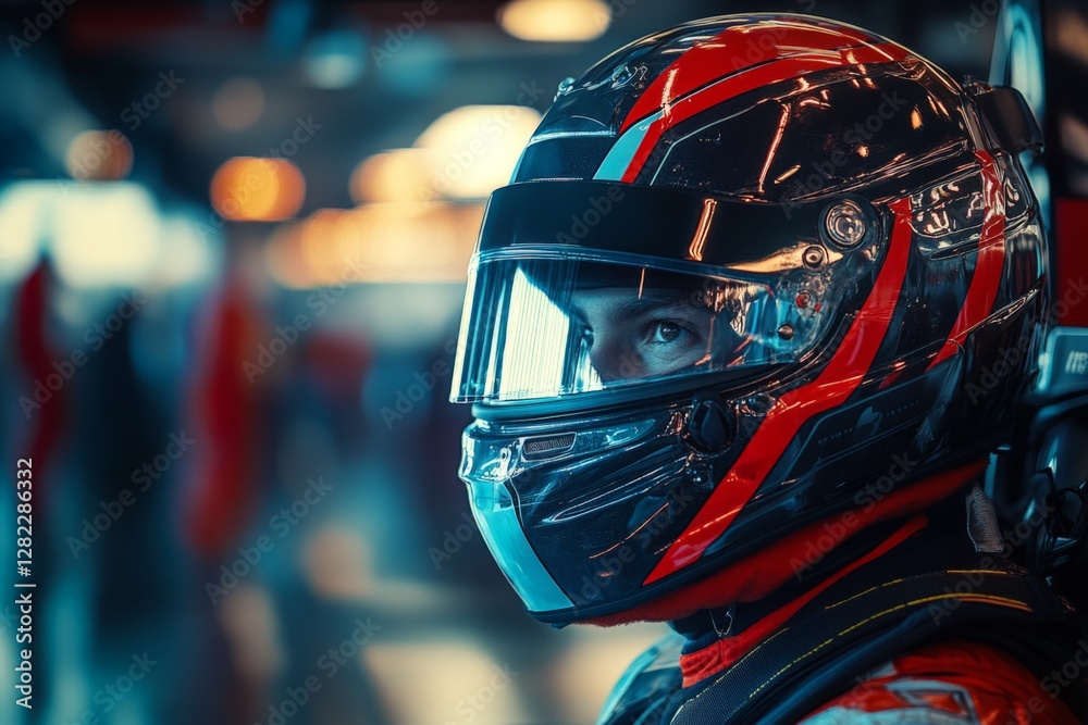 Race car driver preparing for competition in pit area during an exciting motorsport event
