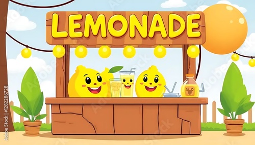 Cheerful lemons sell fresh lemonade at a vibrant outdoor stand photo