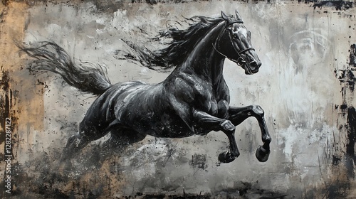 Galloping Black Horse, Dramatic Painting, Abstract Background, Wall Art