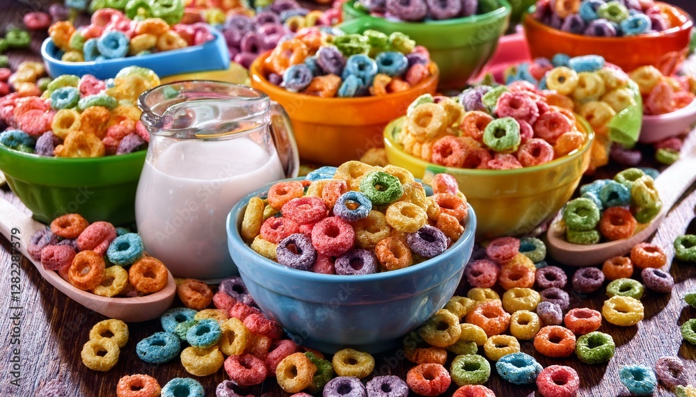 Cereal background. Colorful breakfast food. Generated image Cereal background. Colorful breakfast food. Generated image