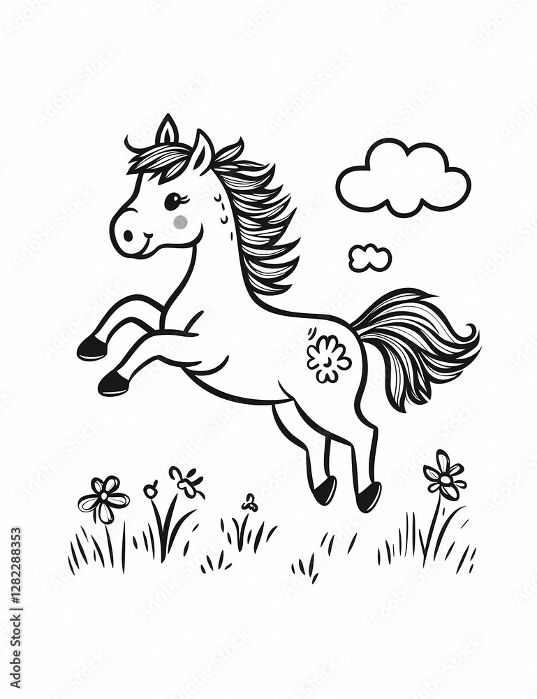 Cute cartoon horse jumping on a meadow, a simple line art coloring page for kids with crisp lines and a white background Cute cartoon horse jumping on a meadow, a simple line art coloring page for kids with crisp lines and a white background