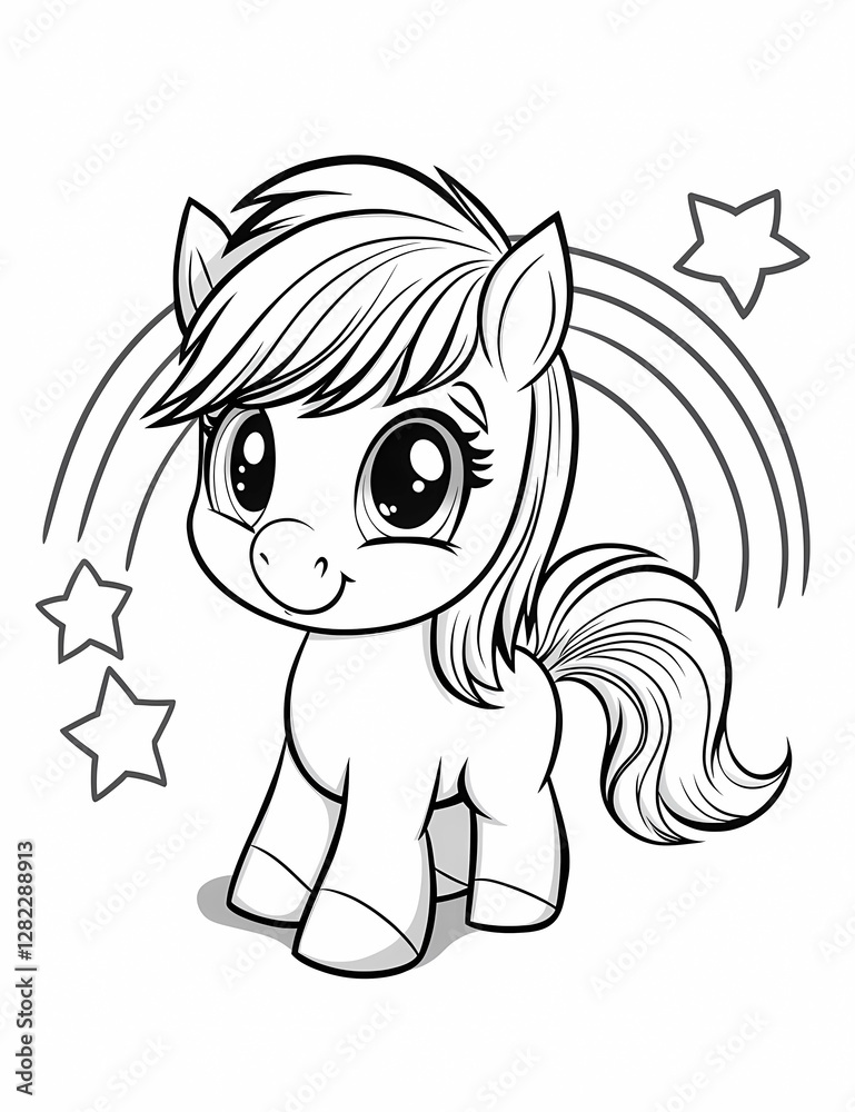 Obraz premium Coloring page for kids, a cute cartoon baby pony with stars and rainbows in the background, thick lines, very low detail, no shading