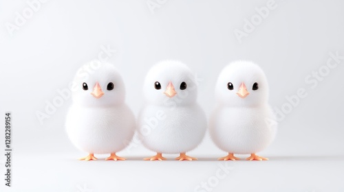 Three fluffy chicks on white background, Easter card photo