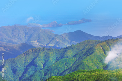 Obraz na płótnie Breathtaking view of Madeira rugged mountains covered in lush greenery, stretching towards deep blue Atlantic Ocean. Remote landscape and misty atmosphere highlight island wild and untouched beauty w salonie