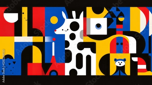 Abstract geometric illustration featuring animals and shapes in primary colors