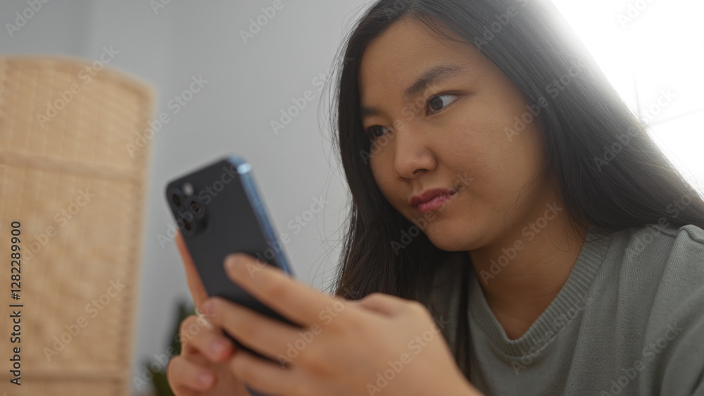 Woman using smartphone indoors looking at screen intently in bedroom setting with bright natural light around her conveying technology and focus. Woman using smartphone indoors looking at screen intently in bedroom setting with bright natural light around her conveying technology and focus.