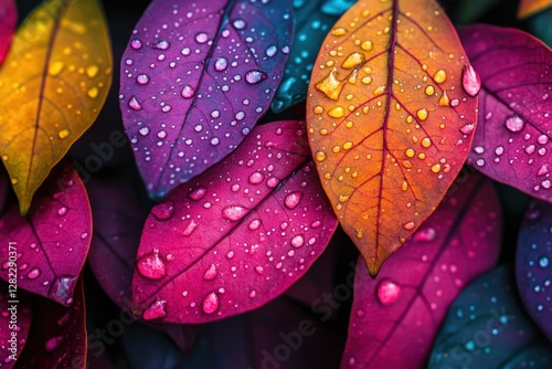 Vibrant colorful leaves with water droplets nature scene close-up photography outdoor setting macro view botanical beauty