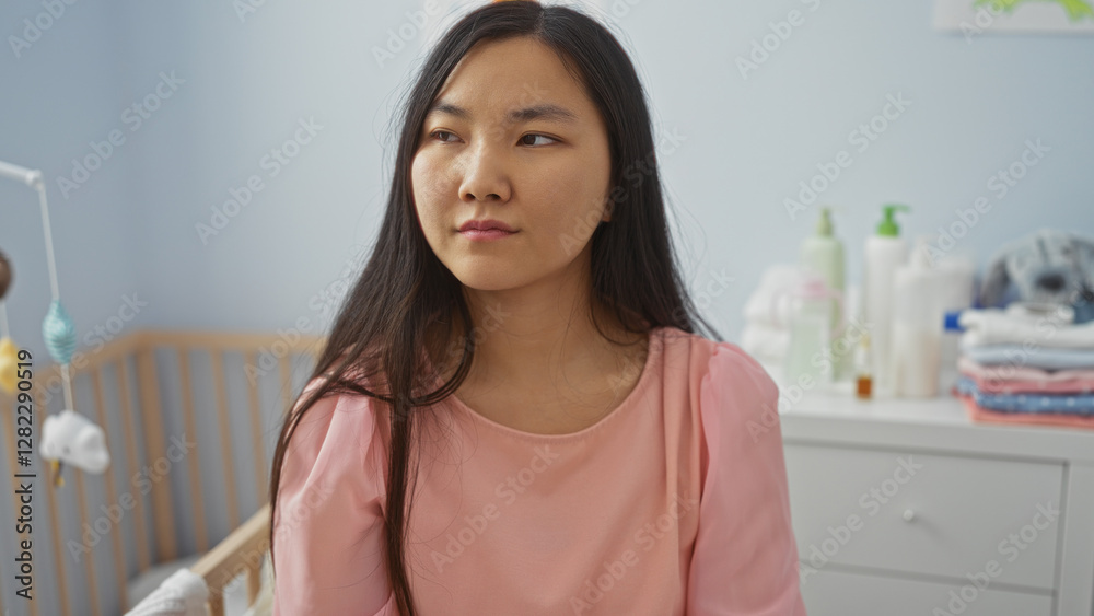 Young chinese woman sitting in a baby room with a cradle nearby, displaying a thoughtful expression in a cozy, well-lit home interior setting. Young chinese woman sitting in a baby room with a cradle nearby, displaying a thoughtful expression in a cozy, well-lit home interior setting.