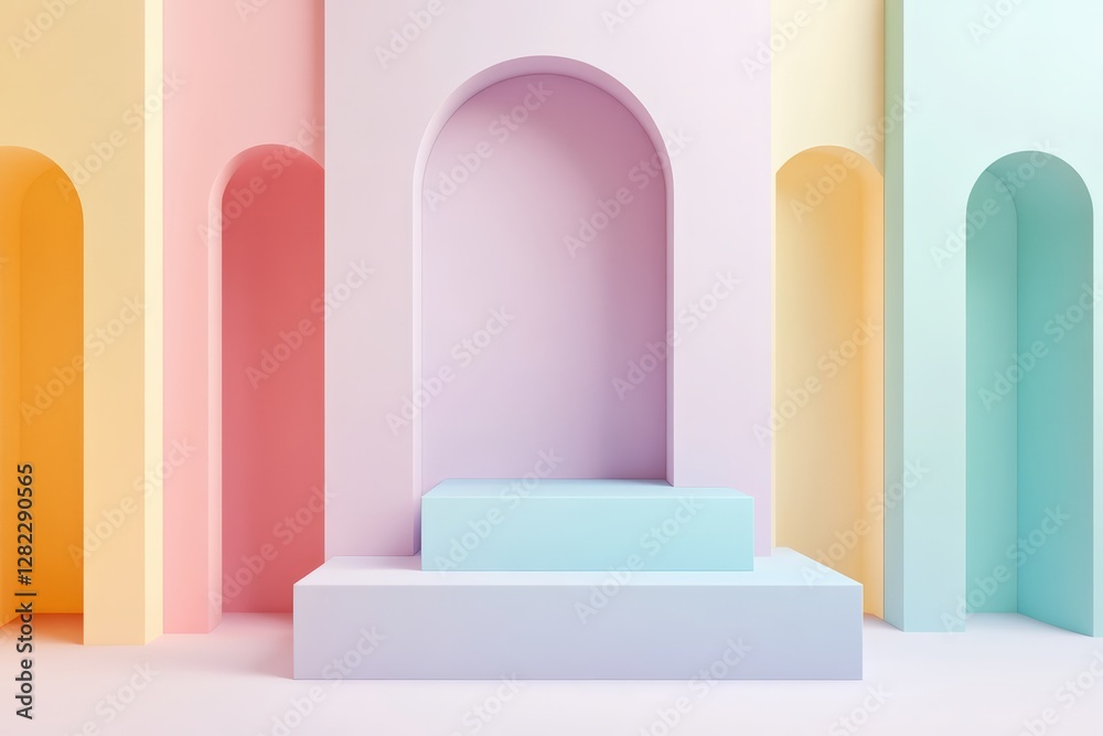 Artistic display of colorful architectural forms contemporary gallery digital art minimalist environment front view modern aesthetics