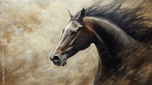 Running horse portrait, dust background, art print