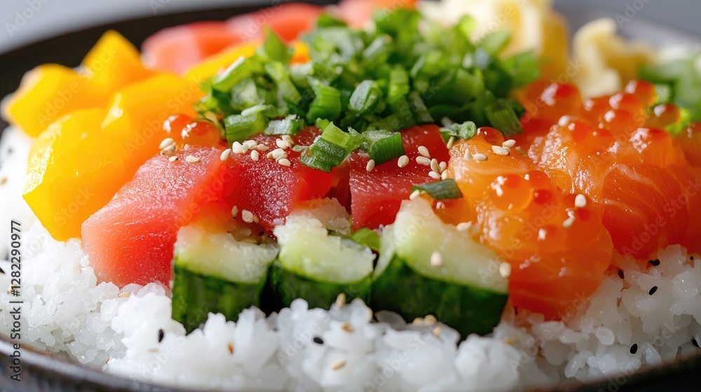 Colorful Hawaiian Poke Bowl with Rice, Fish, and Vegetables Colorful Hawaiian Poke Bowl with Rice, Fish, and Vegetables
