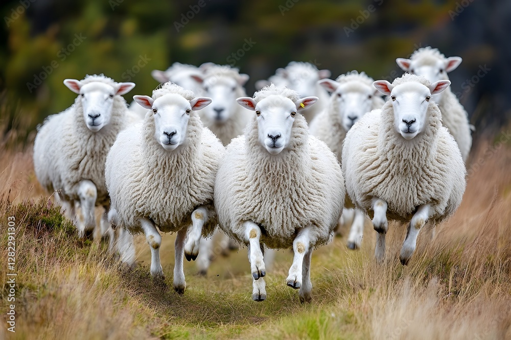 Cheerful on the Hillside A flock of sheep jumps merrily on the cool plateau, their white fur glistening in the morning sun, creating a soothing pastoral scene Cheerful on the Hillside A flock of sheep jumps merrily on the cool plateau, their white fur glistening in the morning sun, creating a soothing pastoral scene