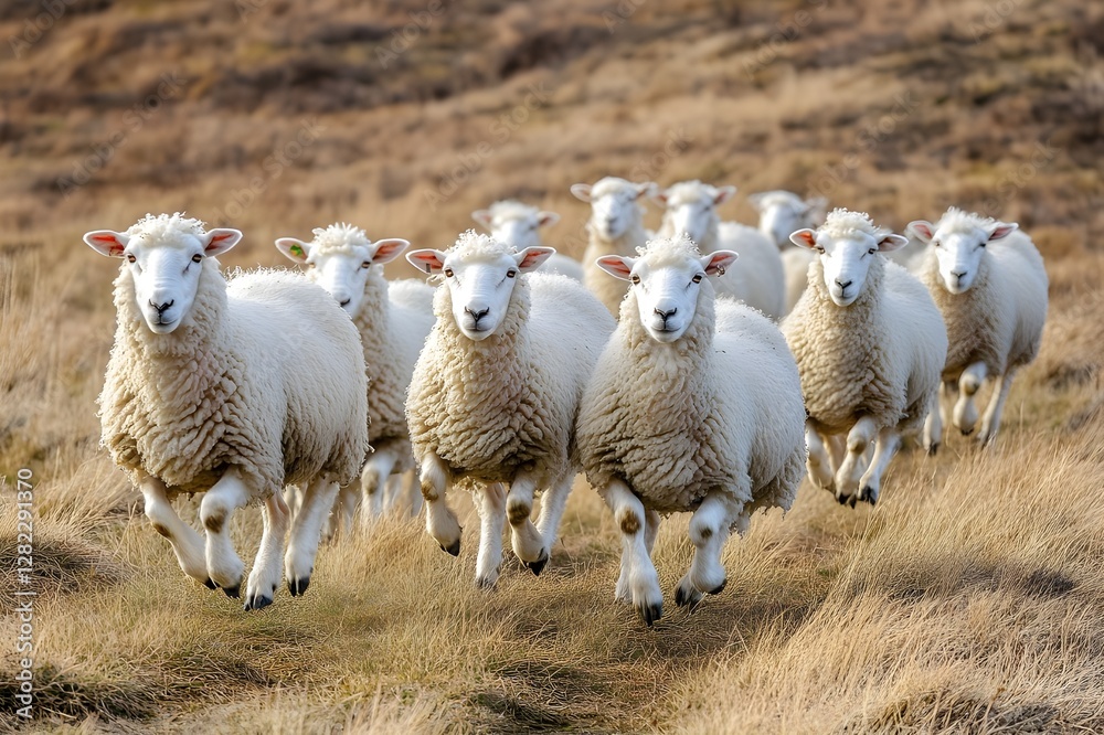 Cheerful on the Hillside A flock of sheep jumps merrily on the cool plateau, their white fur glistening in the morning sunlight, creating a soothing pastoral scene Cheerful on the Hillside A flock of sheep jumps merrily on the cool plateau, their white fur glistening in the morning sunlight, creating a soothing pastoral scene