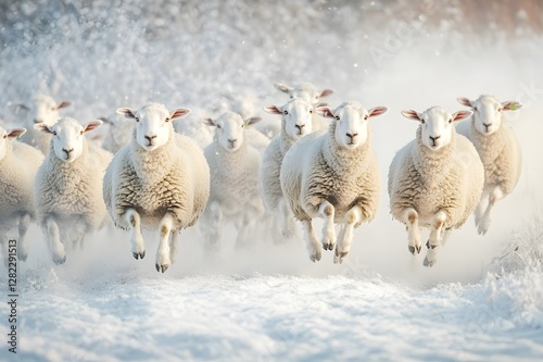 Cheerful on the Hillside A flock of sheep hops merrily on the cool highlands, their white fur glistening in the morning sunlight, creating a soothing pastoral scene