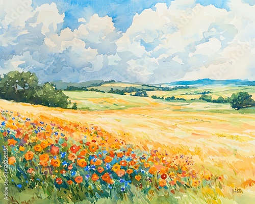 Watercolor painting of a wildflower farm landscape at noon, rainbow hues blending with turquoise sky, gentle wind movement, impressionist style photo