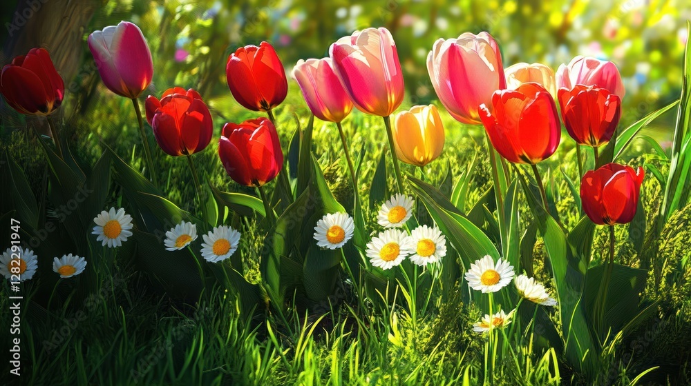 Fototapeta premium Vibrant tulips and daisies in a lush spring meadow, bathed in sunlight.