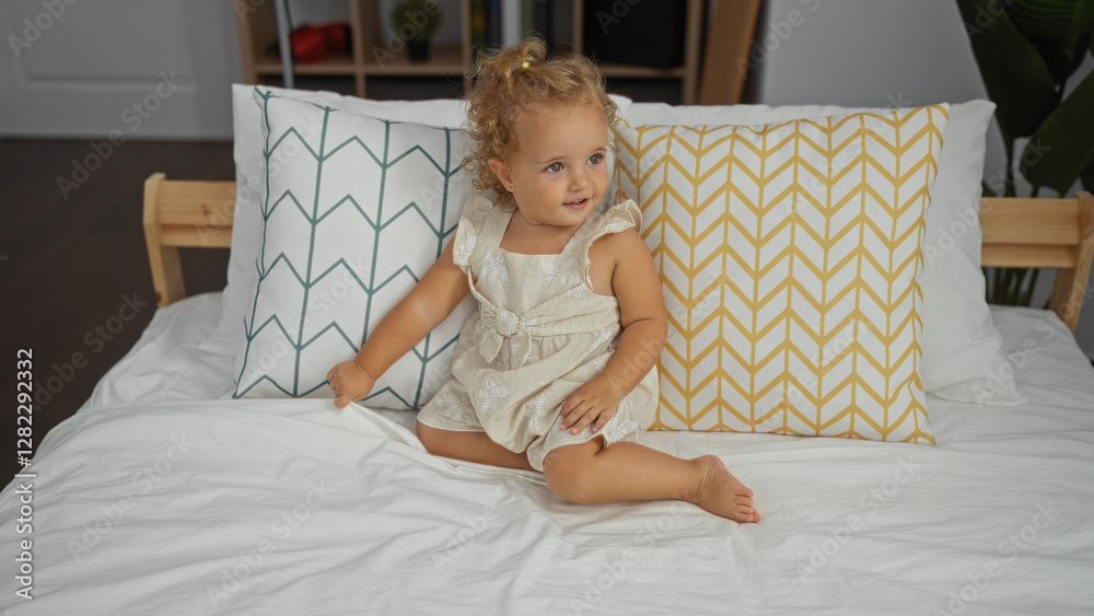 Cute blonde toddler girl sitting on bed in cozy indoor bedroom at home with decorative pillows