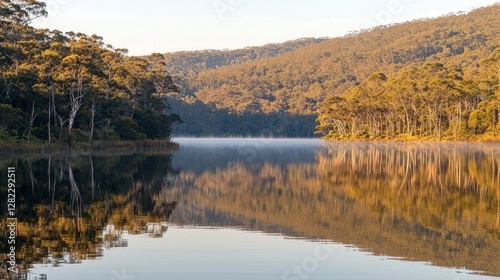 Calm lake reflecting autumn trees and mist at dawn.