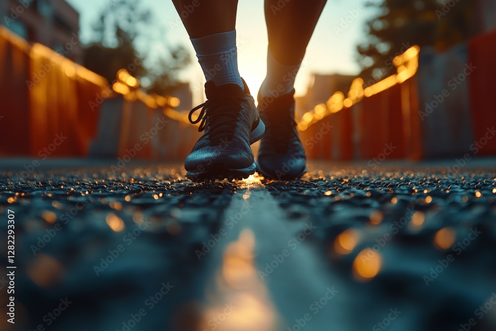 Fototapeta premium Evening jogger steps on a textured pathway with warm sunlight illuminating the scene