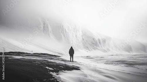 Bouvet Island, South Atlantic Ocean A lone explorer stands on the desolate volcanic shore, massive glaciers towering behind.  photo