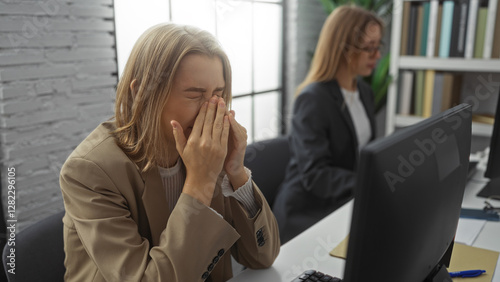 Women working in an office setting, one appears stressed, both engaged with computers suggesting business environment and teamwork indoors