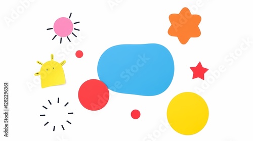 A playful graphic on an immaculate white background, incorporating whimsical shapes and a cheerful color scheme.