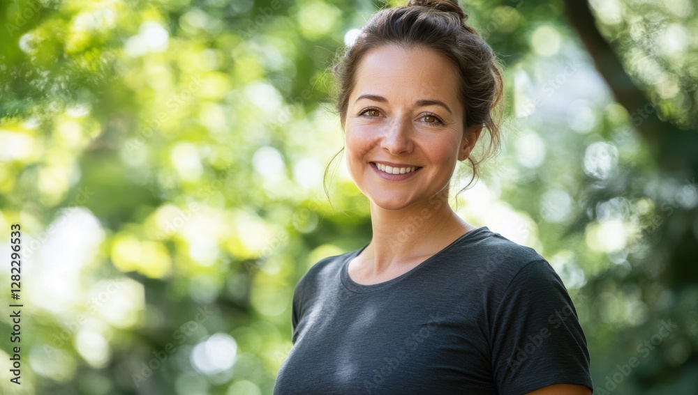 Woman smiles outdoors, natural light, park, portrait, stock, use Woman smiles outdoors, natural light, park, portrait, stock, use