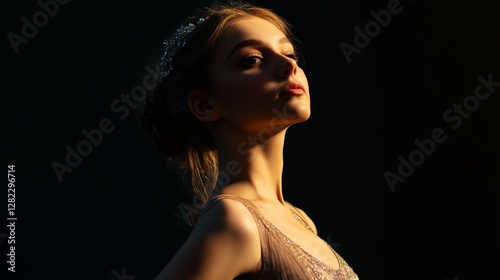 An elegant ballerina in mid-pose, gracefully illuminated photo