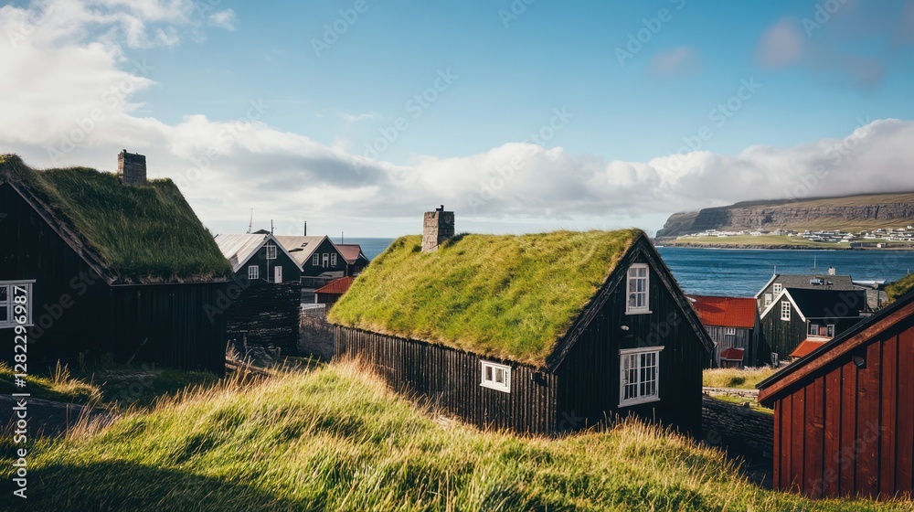 Torshavn, Faroe Islands, Denmark A backpacker explores the traditional grass-roofed houses in rshavns old town, the North Atlantic stretching beyond.