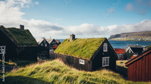 Torshavn, Faroe Islands, Denmark A backpacker explores the traditional grass-roofed houses in rshavns old town, the North Atlantic stretching beyond.