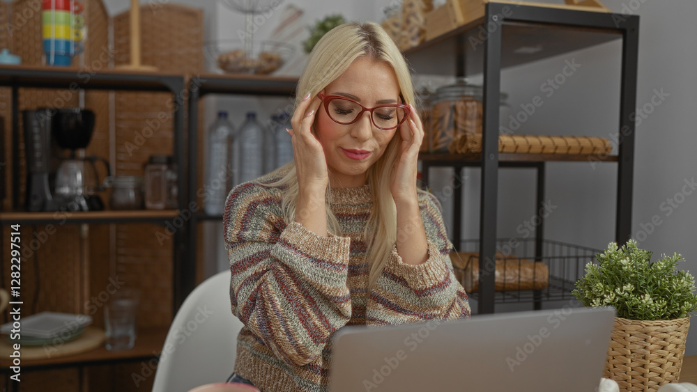 Woman suffering headache in comfortable home setting with glasses and cozy sweater, blonde hair and laptop, living room ambiance, thoughtful and serene atmosphere. Woman suffering headache in comfortable home setting with glasses and cozy sweater, blonde hair and laptop, living room ambiance, thoughtful and serene atmosphere.