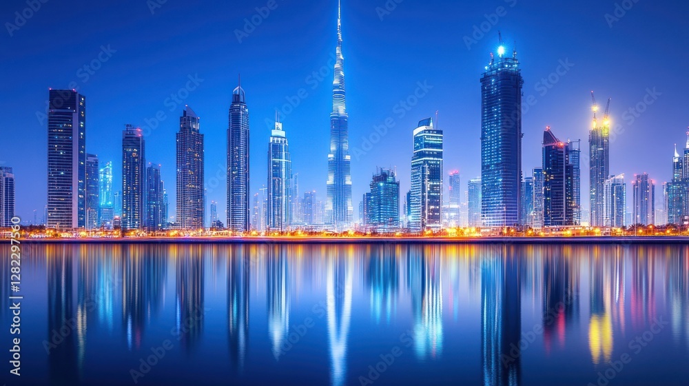 Fototapeta premium Dubai Skyline at Night: A Stunning Reflection