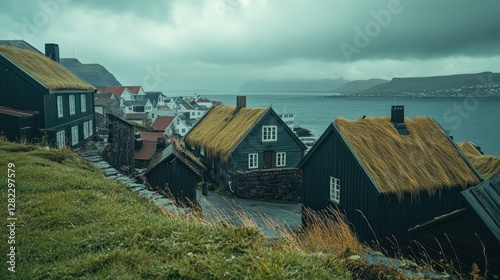 Torshavn, Faroe Islands, Denmark A backpacker explores the traditional grass-roofed houses in Trshavns old town, the North Atlantic stretching beyond. 