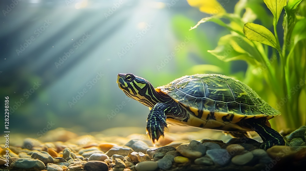 A turtle swimming gracefully through clear water surrounded by lush aquatic plants and smooth pebbles, illuminated by soft sunlight beams A turtle swimming gracefully through clear water surrounded by lush aquatic plants and smooth pebbles, illuminated by soft sunlight beams