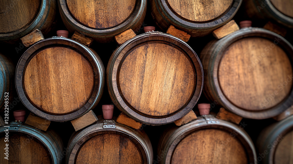 Wooden oak barrels stacked in a cool cellar, representing the aging process of wine or brandy in a distillery. Symbolizing craftsmanship, tradition, and the meticulous art of winemaking.
Wooden oak barrels stacked in a cool cellar, representing the aging process of wine or brandy in a distillery. Symbolizing craftsmanship, tradition, and the meticulous art of winemaking.