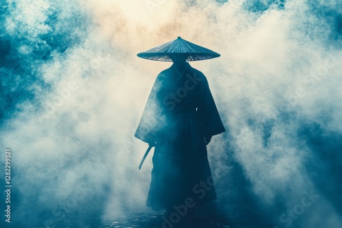 Mysterious figure cloaked in mist stands silently with sword at dawn in an ethereal landscape