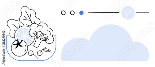 Fresh vegetables thumbs up tomatoes, broccoli, and lettuce in a bowl beside a cloud with progress check icon. Ideal for healthy eating, nutrition apps, fitness tracking, tech integration, meal