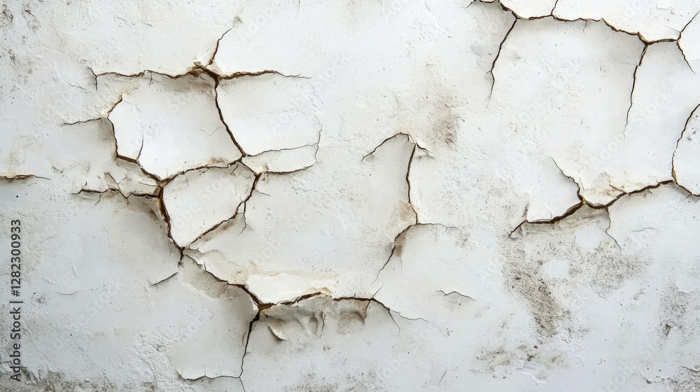 Fototapeta premium Detailed close up of a cracked and peeling white wall, showcasing texture and imperfections that evoke a sense of age and decay