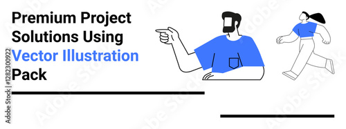 Two stylized figures, one pointing and another moving forward, symbolize teamwork, decision-making, and progress. Ideal for business, leadership, communication, technology innovation teamwork flat