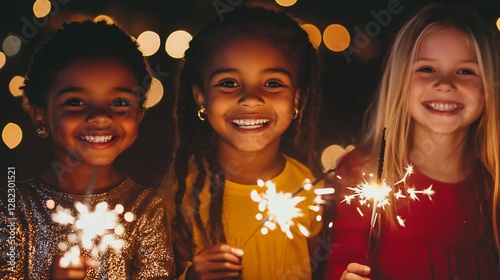 Happy girls holding sparklers, night celebration, bokeh background, festive
