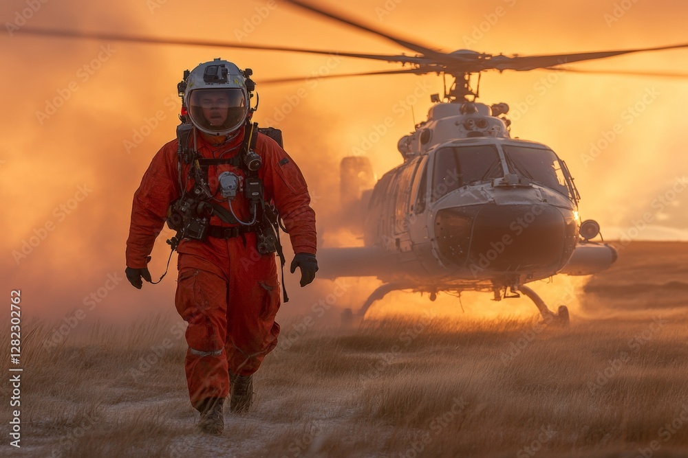 Helicopter rescue operation in sunset with a safety officer in an orange jumpsuit Helicopter rescue operation in sunset with a safety officer in an orange jumpsuit