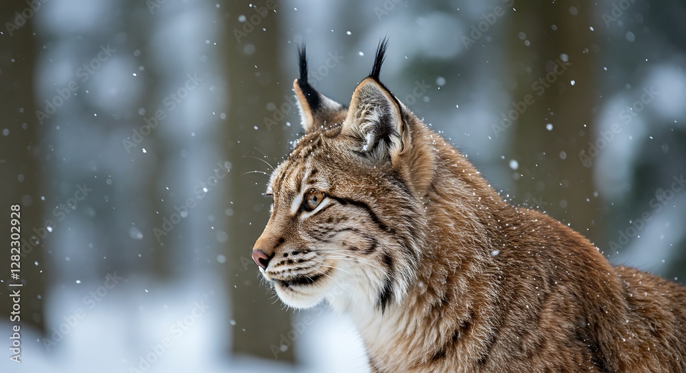 Obraz premium Lynx Portrait in Winter Snowfall Profile View Wildlife Animal