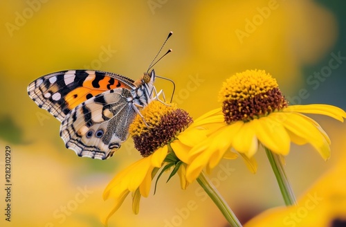 Butterfly feeding on yellow flower.