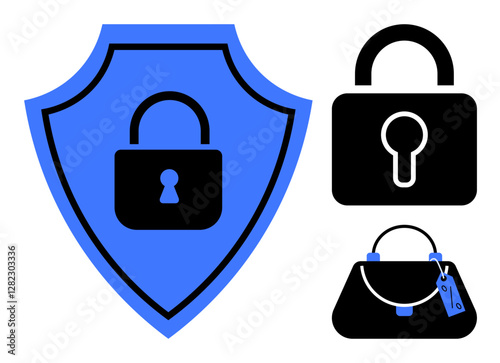 Padlock on blue shield, standalone black padlock, and secured purse. Ideal for security, protection, privacy, digital safety, online security personal safety identity protection. Abstract line flat
