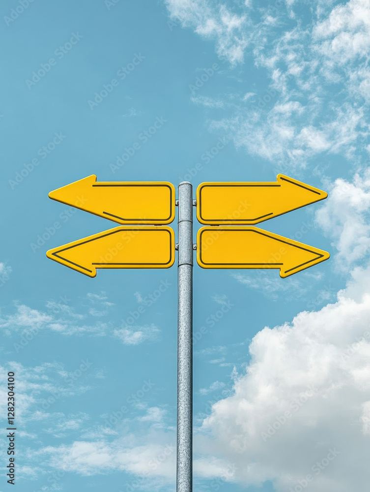 Four Directional Yellow Arrows on Sign Against Clear Blue Sky Four Directional Yellow Arrows on Sign Against Clear Blue Sky